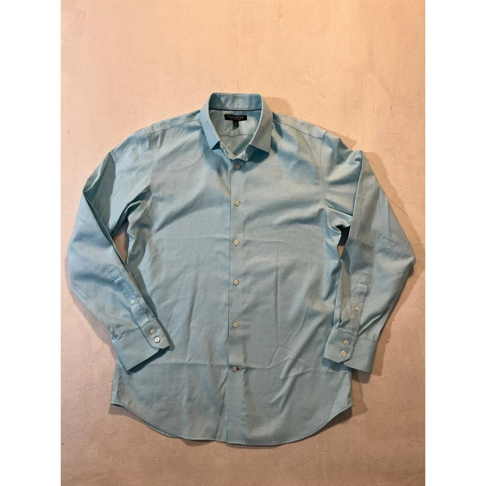 Banana Republic Mens Non-Iron Slim Fit Shirt Light Green Micro Check Medium